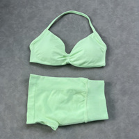Set Bra dan Celana Pendek Olahraga DF Ultra-fine Matte Spandex/Nylon, Halter Neck Solid Penyerap Keringat Elastis Tinggi untuk Kebugaran Wanita