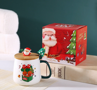 Tasse en céramique Wisteria de Noël avec couvercle en bois et cuillère – Coffret cadeau motif Père Noël et Bonhomme de neige pour les fêtes/Nouvel An, usage domestique/bureau