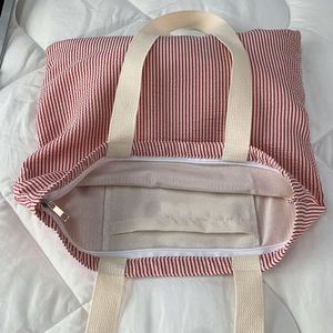 Fashion Large Capacity Custom Logo Colorful Striped Cotton Canvas <b>Tote</b> Shoulder <b>Bag</b> With Pocket and <b>Zipper</b> for Daily Use - Product Image 2