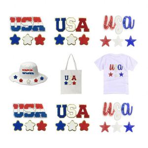 Patchs brodés thermocollants en chenille à bordure argentée avec lettres USA pour la décoration de chapeaux et de vêtements - Product Image 2