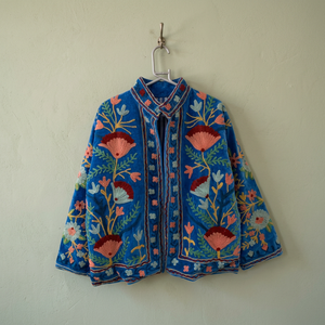 Handmade Blue <b>Velvet</b> Suzani Embroidered <b>Jacket</b> <b>Women</b> Vintage Floral Kashmiri Coat Open Front Ethnic Boho Winter Kimono <b>Jacket</b> - Product Image 1
