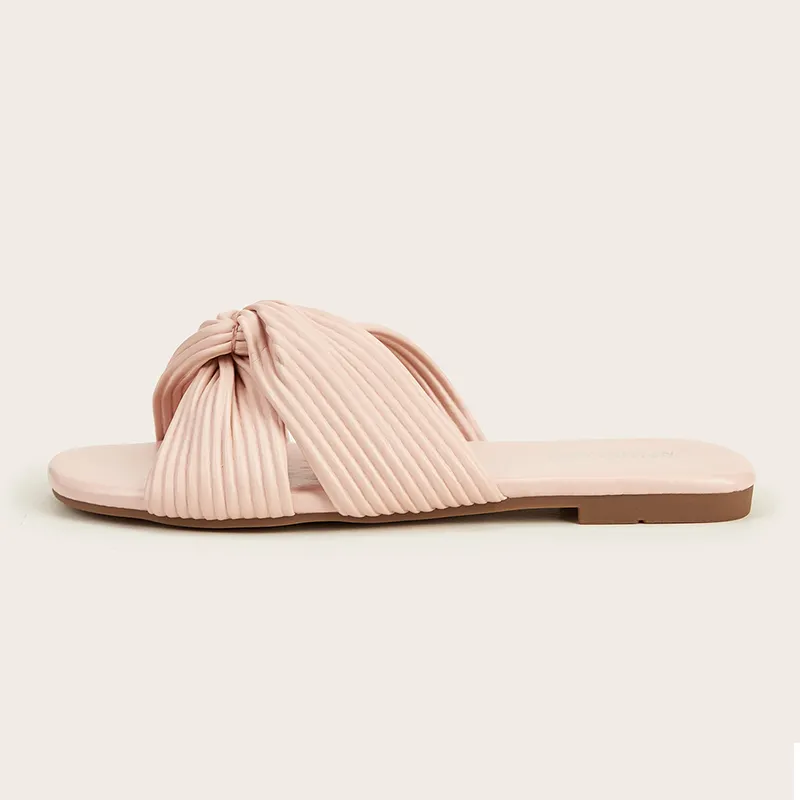 2022 Summer Women Cross Strap Outdoor Flat Sandals Pink One-line Square Open Toe Leather Flats Casual Ladies Sandals Slippers