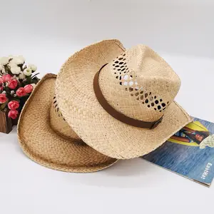 Sombreros de paja de rafia occidental natural unisex baratos directos de fábrica sombrero de vaquero con logotipo estampado