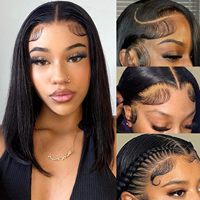 Perruque Bob en Cheveux Humains, Densité 250%, Lace Frontale HD 13x4, Courte et Lisse, Pré-Pluckée, pour Femmes Noires