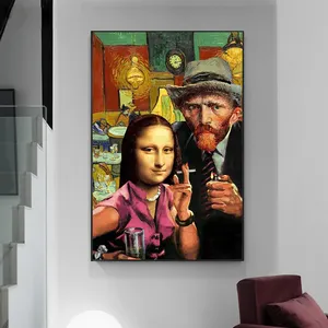 Komik sanat Mona Lisa ve Van Gogh sigara tuval resimleri duvar sanatı posterler ve baskılar Da Vinci ünlü tablolar