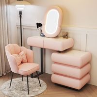 Coiffeuse en bois massif beige style crème avec plateau en pierre - Bureau de maquillage haut de gamme pour chambre à coucher avec coffre de rangement intégré