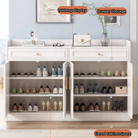 Buffet moderne en bois blanc avec rangement pour chaussures, 2 tiroirs, 4 portes, poignées élégantes en métal doré, autoportant pour salon et salle à manger