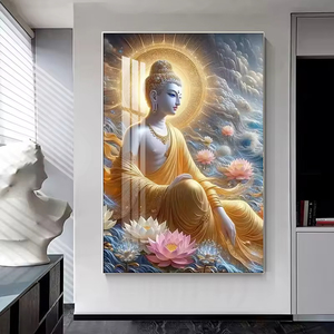 Peinture murale décorative en porcelaine, art moderne luxueux, avec cadre de chakras dorés pour la méditation religieuse indienne, ornée de cristaux de diamant. - Product Image 3