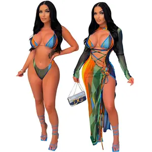 ZIYA A05S394 Dropshipping Impresso Swimwear Praia Sexy Biquíni Com Saia 3 Conjunto Peça