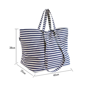 Larger Capacity Canvas <b>Beach</b> <b>Bag</b> With Stripe Reusable Cotton Shopping Handbag Ladies Tote <b>Bags</b> - Product Image 4