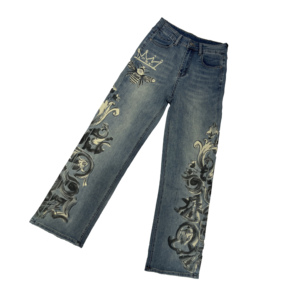 YAXI Jeans da <span class=keywords><strong>Donna</strong></span> Personalizzati <span class=keywords><strong>Blu</strong></span> Vintage Lavati a Gamba Dritta e <span class=keywords><strong>Vita</strong></span> <span class=keywords><strong>Alta</strong></span> con Stampa Collezione Estiva - OEM/ODM - Product Image 5