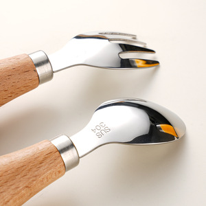 Juego de utensilios <span class=keywords><strong>para</strong></span> bebés con mango de madera, cuchara de destete de acero inoxidable 304, trituradora de alimentos <span class=keywords><strong>para</strong></span> bebés, <span class=keywords><strong>Mini</strong></span> cuchillo de mango corto, tenedor, cuchara - Product Image 5