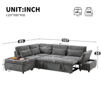 Maßgefertigtes Multifunktions-Sofa in L-Form mit breiten Sitzen, Stauraum, Ottoman und ausziehbarem Schlafsofa aus Stoff für das Wohnzimmer