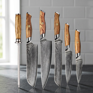 Nouvel ensemble de couteaux de cuisine Thewizcrafts 5 pièces, design moderne, acier Damas, acier au carbone, finition polie, manche en bois - Product Image 2
