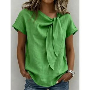 Camicie Vintage Semplici in Cotone e Lino per Donne, Camicie a Maniche Corte con <span class=keywords><strong>Colletto</strong></span> in Cotone, Collo Tondo, Tinta Unita, Bluse Casual - Product Image 1