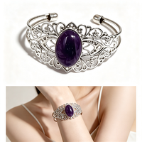 Bracelet manchette ovale en cristal naturel, style vintage filigrané, ajustable, multi-plaqué, bijoux bohèmes pour femme, vente en gros
