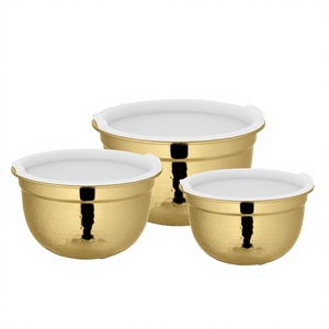 Bol à mélanger avec couvercle en bois Bol allemand en acier inoxydable avec couvercle intérieur couleur or Salade de fruits bol de service pour la préparation des aliments verre - Product Image 1