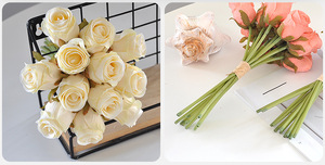 Décor à la maison 12 têtes bouquet de roses fleurs en soie artificielles faites à la main rose blanc couleur roses mini bouquet de roses - Product Image 6