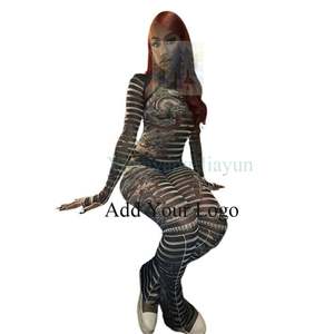 Langarm V-Ausschnitt Bare Midriff Tops Hose mit hoher Taille Damen Sets Mesh Striped Print 2-teiliges Set Damen - Product Image 3