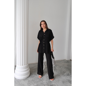 Conjunto de Camisa y Pantalones de Lino Negro para Mujer, Cintura con Cordón, Corte Holgado, Largo por Encima de la Rodilla, Estilo Oficina, Tops Cortos de Verano - Product Image 3