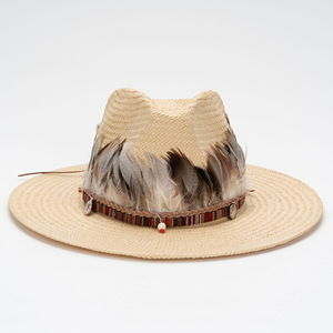 Sombrero de Paja de Ala Ancha de Estilo Casual, Tejido a Mano, con Decoración de Plumas Artificiales, para Playa y Protección Solar - Product Image 2
