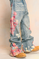 Jean en denim ample et large à taille mi-haute, imprimé nuages coucher de soleil, style vintage décontracté, 100 % coton épais, coupe brute, personnalisable ODM/OEM