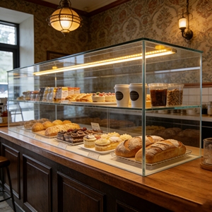 Elegante Vitrina de Vidrio para Panadería, Vidrio Templado, Acero Inoxidable, Diseño Reciclable para Cafeterías - Product Image 1