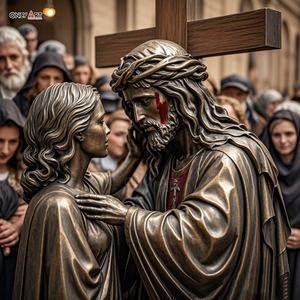 Decorazione cattolica cristiana statua in bronzo sesta stazione Veronica a grandezza naturale pulire il volto di gesus famoso gesus 14 stazioni scultura in ottone - Product Image 4