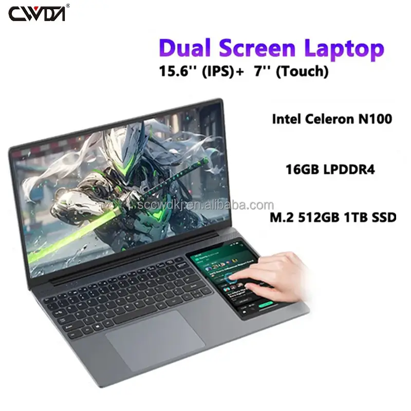 Ordinateur portable à double écran 15.6 pouces IPS 7 pouces PC portables de jeu Intel Celeron N100 16G/32G DDR4 1TB SSD Win11 Notebook