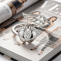 Bague commémorative « Maman d'un ange » avec empreinte de bébé et cœur en zircon, bague ouverte ajustable avec aile d'ange, cadeau de condoléances
