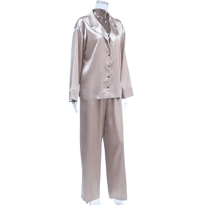 C Kleding Luxe Tweedelige Sets Custom Satijnen Dames Nachtkleding Effen Kleur Herfst Outfits V-Hals Blazer En Broek Satijnen Pyjama