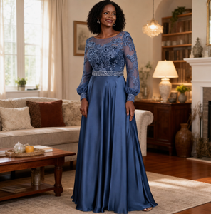 Elegante Abito Lungo in Raso Elasticizzato a Maniche Lunghe per Madre <span class=keywords><strong>della</strong></span> <span class=keywords><strong>Sposa</strong></span> con Pizzo Ricamato e Vita Decorata con Perline - Product Image 1