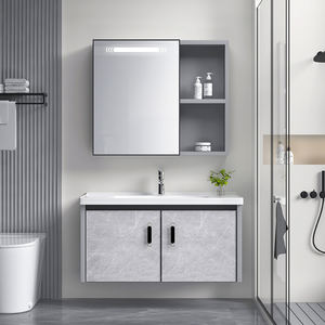 Armoire <span class=keywords><strong>de</strong></span> <span class=keywords><strong>salle</strong></span> <span class=keywords><strong>de</strong></span> <span class=keywords><strong>bain</strong></span> murale en aluminium spatial à double tiroir, étanche, avec lavabo en céramique intégré, options <span class=keywords><strong>de</strong></span> largeur multi-tailles - Product Image 4