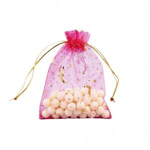Sac en organza imprimé étoile et lune dorées 7x9cm avec cordon de serrage, pochette cadeau en maille pour bijoux, sacs de dragées pour mariage, fête ou baby shower - Product Image 4