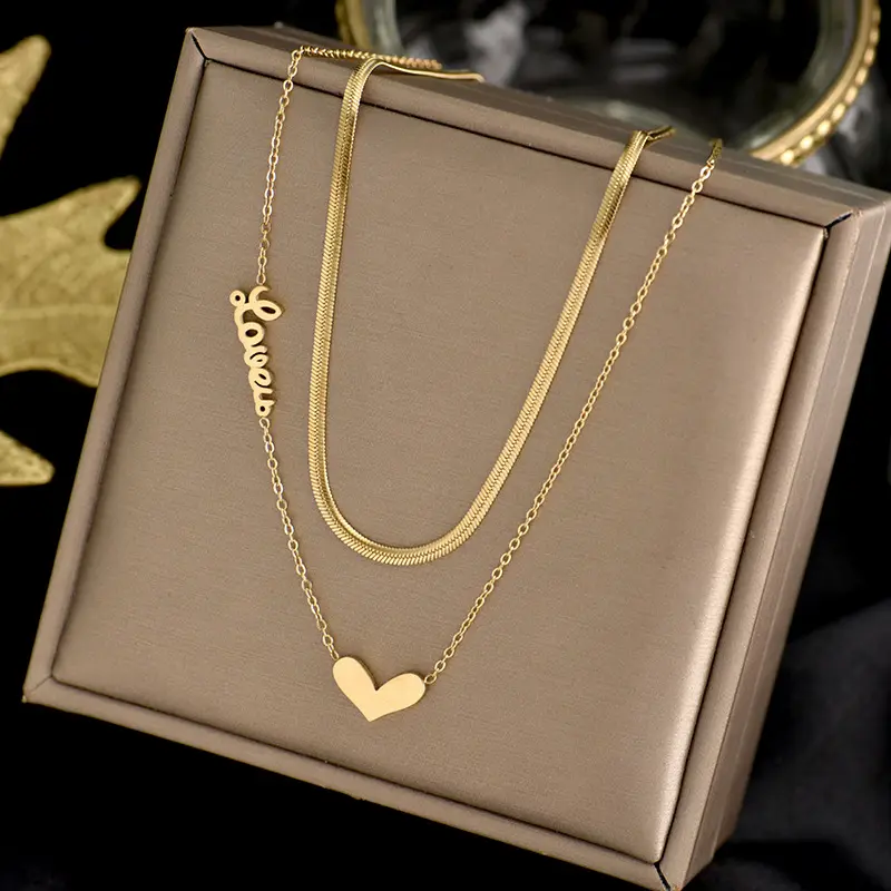 Drop Ship New fashion Jewelry Double Layered Titanium Steel Heart Necklace Snake Chain Love Letter Heart Necklace For Party