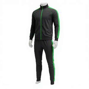 Chándal informal con capucha para hombre, negro y verde, de poliéster ligero de secado rápido, con cremallera completa, para invierno, corte regular, con detalles laterales. - Product Image 1