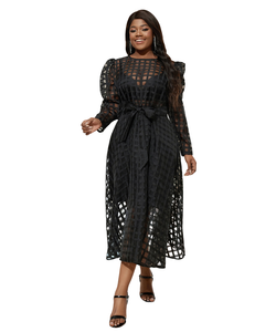 Vestido de cóctel sexy de verano para mujer, de manga larga, corte en A, a cuadros, con cuello redondo, fajas, transpirable, ecológico, lavable, de poliéster/algodón - Product Image 1