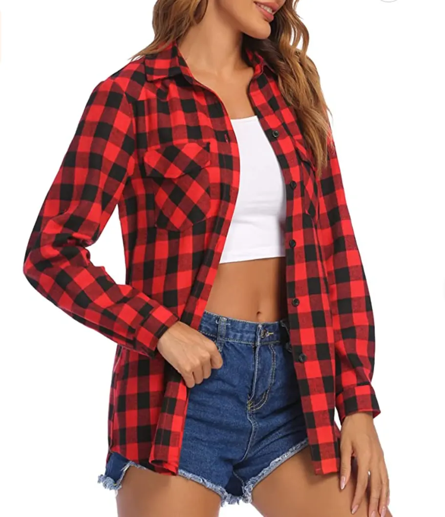 Camisa a cuadros para mujer, blusas clásicas de manga larga/enrollada con botones y bolsillos, S-XXL