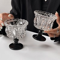 Verre à dessert rétro noir en cristal, style coupe à glace highball, fait main, style Instagram moderne, avec couvercle, pour collection