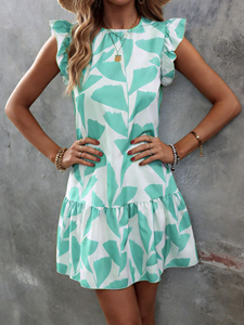 Mint Green <b>Leaf</b> Print Ruffled Sleeve A-Line Mini Dress for Women - Casual Vintage Spring Summer Vacation Dress - Product Image 6