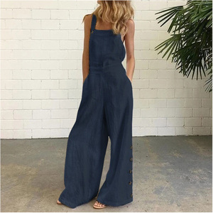 Mono Largo <span class=keywords><strong>de</strong></span> <span class=keywords><strong>Lino</strong></span> Holgado para Mujer, Estilo Veraniego, Sin Mangas, con Tirantes, Pantalones Anchos con Botones, Talla Grande 5XL - Product Image 4