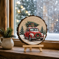Plaque ronde en bois à peindre, thème voiture rouge rétro de Noël, fourniture d'artisanat DIY pour décoration festive de bureau ou murale