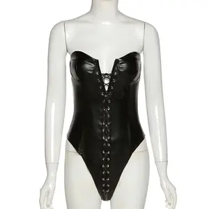 Strapless PU Leather Bodysuit Women Sexy Sleeveless Lingeries Catsuit