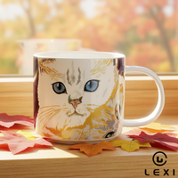Mug en porcelaine motif chat mignon 450 ml, tasse à café en céramique blanche avec illustration de visage de chat, yeux bleus, chat tigré roux, personnalisable, compatible lave-vaisselle