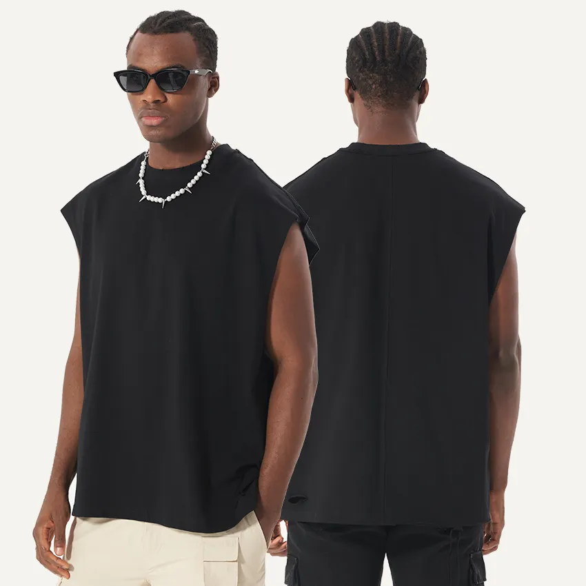 custom quality sleeveless undershirt vest black cotton singlets distressed tank top gym wear t-shirt vest for men
