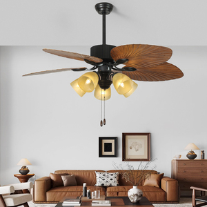 Ventilateurs de plafond rétro nordiques à 5 pales en plastique, supports E27 avec abat-jour en verre, corps en métal, moteur AC/DC, télécommande à chaîne - Product Image 2