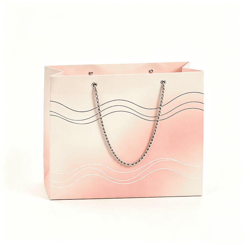 Custom Gradient Gift Packaging Bags With Wave Line Printed And Metal Chain Handles For Premium Beauty Retail Fashion Boutiques