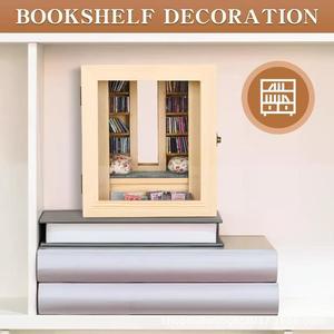 Mini estantería de madera, modelo de biblioteca de escritorio, adorno, caja de almacenamiento de color madera natural con espejo y asiento acolchado - Product Image 3