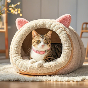 Cama para Gatos Tipo Cueva Redonda de Invierno, Suave, de Felpa Coral, con Funda Extraíble y Lavable para Uso en Interiores - Product Image 1