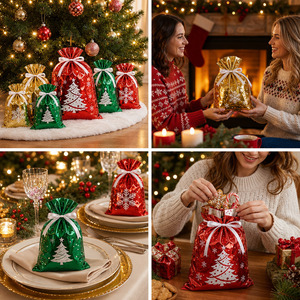 Custom Logo Christmas Foil Gift <b>Bags</b> Tree Snowflake Metallic Drawstring Pouch OEM ODM Factory Direct <b>Xmas</b> Party <b>Bag</b> Wholesale - Product Image 4